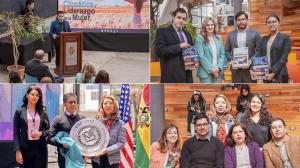 Linda Ramírez, José Ríos, Grecia Paola Molina, Maryna Ovtsynova, and other attendees of the Climate Governance Forum and Women's Leadership event in La Paz at the Catholic University of Bolivia