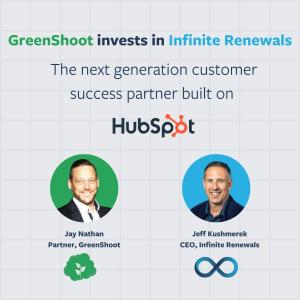 A digital announcement graphic with a grid-patterned background. The text reads: 'GreenShoot invests in Infinite Renewals. The next generation customer success partner built on HubSpot.' The word 'GreenShoot' is in green, 'Infinite Renewals' in blue, and 