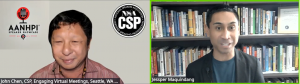 This screenshot shows a virtual event featuring John Chen, CSP, with an "AANHPI Speaker Showcase" and "NSA CSP" background. Jessper Maquindang, in a black blazer, speaks with a bookshelf behind him. His frame is outlined in green, indicating he is the active speaker.