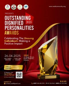 Flyer for the Outstanding Dignified Personalities Awards 2025, featuring a golden trophy against a red curtain background. The event details include the date (April 26, 2025), venue (23 Water Street, North Kitchener, Ontario)