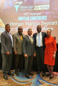 NBA Awards Luncheon; L to R: Henry Hamilton, III, NBA Past-President Juan R. Thomas, NBA President Wiley S. Adams, Chief U.S. Magistrate (W.D. MO) Judge Wille J. Epps, Jr., and Hon. Anne-Marie Clarke (ret.)