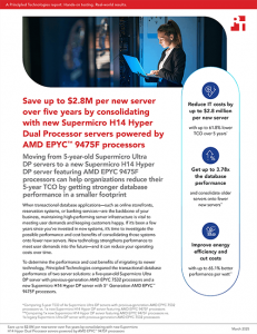 Report titled: Save up to $2.8M per new server over five years by consolidating with new Supermicro H14 Hyper Dual Processor servers powered by AMD EPYC™ 9475F processors