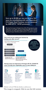 Infographic titled Save up to $2.8M per new server over five years by consolidating with new Supermicro H14 Hyper Dual Processor servers powered by AMD EPYC™ 9475F processors