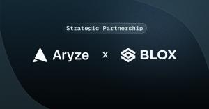 Graphic announcing the strategic partnership between Aryze and Blox.global, featuring both company logos on a sleek, dark gradient background.