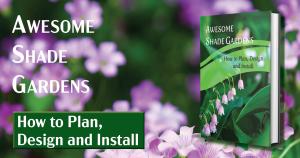 Promotional image for Awesome Shade Gardens by Janis Fedorowick. The book cover features delicate pink bell-shaped flowers and lush green leaves. In the background, soft-focus purple blooms highlight the book’s message of creating beauty in shaded garden 