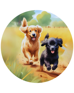 Neo and Bingo's Adventures Logo. Two dogs running on a farm. the photo is the shape of a circle.