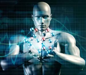 Futuristic 3D human figure holding molecular structure against a digital science-themed background.