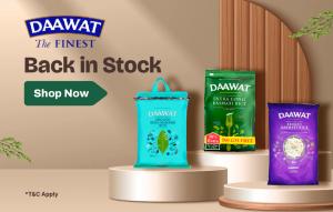 Daawat Rice varieties including Organic Sona Masoori, Extra Long Basmati Rice, and Broken Basmati Rice, now back in stock at Dookan.