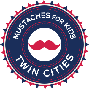 Circular logo with a red mustache in the center, surrounded by the text “Mustaches for Kids Twin Cities” in white lettering on a navy and red badge design.