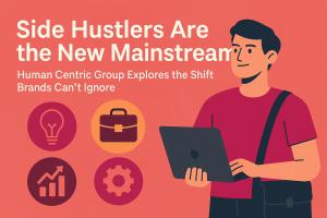Illustration of a confident young side hustler holding a laptop, surrounded by icons representing gig work, creativity, tech, and entrepreneurship, with the headline "Side Hustlers Are the New Mainstream" on a coral background.