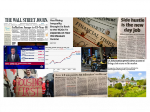 Collage of journal and media article headlines discussing the rise of side hustlers, showcasing widespread editorial coverage on the changing nature of work and consumer culture.