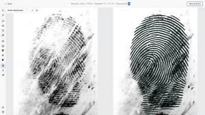 Image of two fingerprints. MegaMatcher Criminal Investigation features new automatic enhancement filters to improve the clarity of ridge patterns in latent prints with just one click.