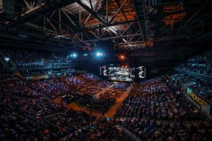 Festive arena overview of the James River Church Stronger Men's Conference 2024.