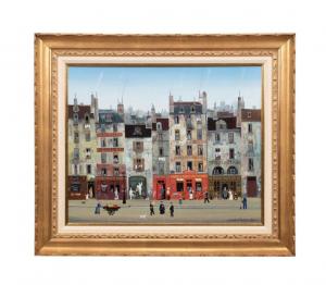 Oil on canvas paintings by Michel Delacroix (French, b. 1933), rendered around 1984 and titled Musiciens de Rue (Street Musicians), signed and inscribed “Paris” lower left ($16,940).