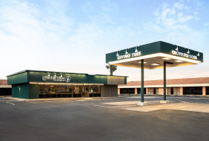 Green building in on the street corner with the name Giving Tree Dispensary across the front and Grown for Good across the covered parking.