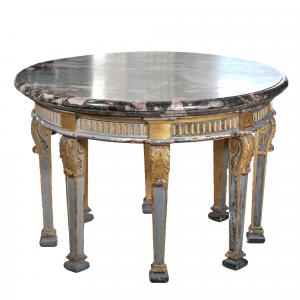 18th century French Neoclassical centre table having a round, three-inch-thick variegated marble top, 50 ¾ inches in diameter and weighing over 600 pounds. Estimate: $5,000-$10,000.