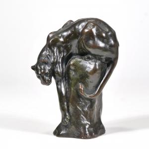 Bronze sculpture by Anna Vaughan Hyatt Huntington (American, 1876-1973), 6 ½ inches tall, titled Reaching Panther, previously owned by a noted art historian. Estimate: $4,000-$6,000.