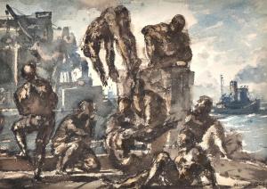 Watercolor on paper painting by Reginald Marsh (American, 1898-1954), a figural work that depicts boys on a New York City pier, 13 inches by 18 ½ inches. Estimate: $3,000-$5,000.