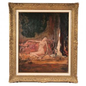This oil on board Nude sketch signed by Benjamin Constant (French, 1845-1902), 25 ¾ inches by 21 inches (board, minus frame), with a Sotheby’s label on verso, should bring $3,000-$5,000.