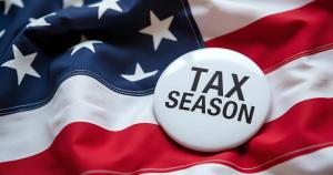 A pin that says Tax Season on it, underneath is an American flag