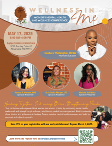 Flyer for Women’s Mental Wellness Conference 2025, featuring event details, date, time, location, and keynote speakers.