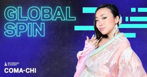 Japanese rapper COMA-CHI in traditional kimono, featured on GRAMMYs Global Spin with neon title in background.
