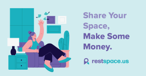 Illustration of a person relaxing on a couch, symbolizing ease and income from sharing personal space, with the Restspace logo and the phrase “Share Your Space, Make Some Money.”
