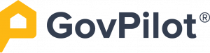 GovPilot logo featuring a bold, modern yellow house-shaped speech bubble icon to the left of the company name “GovPilot” in dark blue sans-serif font.