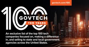 Promotional graphic for the GovTech 100 Ten Years list. The image features the number "100" with "GovTech" inside the zeros and "Ten Years" on a bold orange banner. A glowing cityscape appears on the right, symbolizing innovation and digital infrastructur