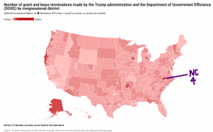 Map of the U.S. showing N.C. House District as having the most pending DOGE cuts.