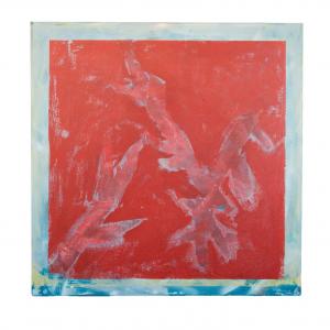 "Unraveling Red" 20" square Acrylic and spray paints, inks and stencils on canvas.