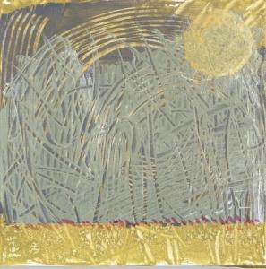 "Mark's Sunny Day". Completed 2025. 12" square. Acrylic and spray paints, inks and stencils on canvas.