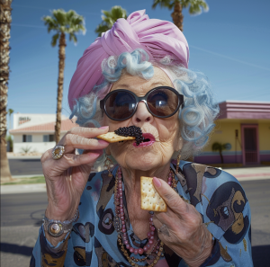 An elderly woman with blue curls, a pink turban, and oversized sunglasses smiles while holding a cracker topped with caviar under a sunny Palm Springs sky. Hey Caviar launch imagery.