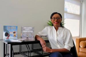 Courtney Kelly with her self-published books, Celeste Saves the City and Celeste Tunnels Underground