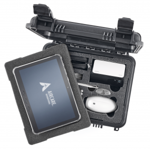 Aircare Emergency Diagnostic Platform (AEDP) kit including a tablet, diagnostic tools, and a rugged hard case on display.
