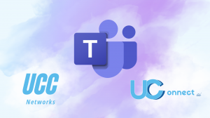 An image with a blue and purple cloud background that shows the Microsoft Teams logo, UCC Networks logo, and UC Connect logo.
