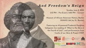 Event poster featuring 2 transparent Frederick Douglass images with performance date and time along with organizational logos