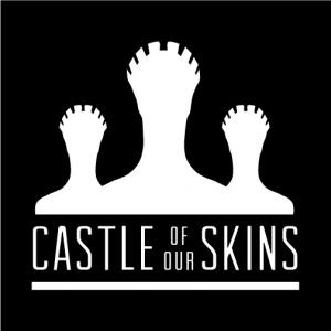 black and white castle of our skins logo with 3 chess rooks