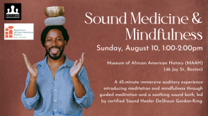 Image of Deshaun Gordon King smiling with sound bowl on his head and event info