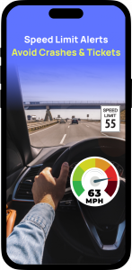 A driver's view of a highway with a speed limit sign and an in-app speedometer overlay showing the vehicle exceeding the limit, illustrating OtoZen's speed alert feature.