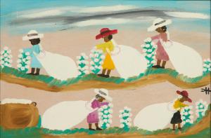 Oil on canvas board painting by the renowned Louisiana folk artist Clementine Hunter (1887-1988), titled Picking Cotton, a fine representation of her work. Estimate: $4,000-$8,000