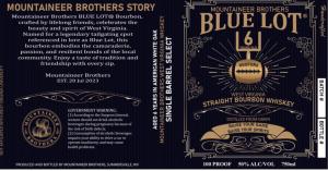 Label for Mountaineer Brothers Blue Lot 6 Year Old Straight Bourbon Whiskey, featuring gold ornate design, 100 proof, and a central football graphic with #GOFOR6.