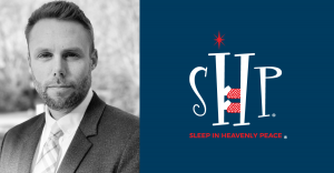 A professional headshot of a man in a suit and tie on the left side, alongside the Sleep in Heavenly Peace (SHP) logo on the right side.