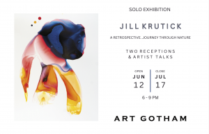 Floating blue, orange and yellow image with details about art exhibition for Jill Krutick