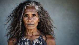 Facial shot of Ngarra. At the heart of the story is Ngarra, a revered Elder of the Munarrakalai people. As the bearer of ancestral knowledge, sacred law, and spiritual balance, Ngarra is both guardian and guide.