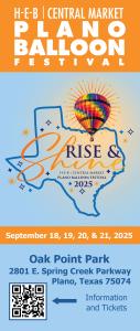 This is the 2025 H-E-B | Central Market Plano Balloon Festival Rack Card front that shows the Texas outline and a hot air balloon