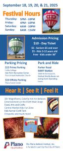 This is the 2025 H-E-B | Central Market Plano Balloon Festival Rack Card Back Side with the outline of the State of Texas and a hot air balloon floating and the dates and times of the festival
