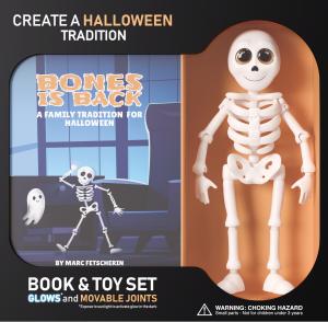 The book and toy are packaged in a display box—book on the left, standing toy on the right. Bones Is Back is a Halloween book and toy set featuring a glow-in-the-dark, poseable skeleton figure and a hardcover illustrated book.
