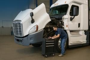 NTTRDirectory.com’s new homepage feature highlights real success stories from truck repair shops across the country – from mobile service providers to full-scale garages – spotlighting their services, achievements, and growth to inspire industry peers Mechanic servicing a white semi-truck with the hood open inside a clean, well-lit truck repair shop.