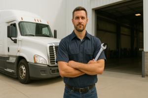 Male truck mechanic standing in front of a white semi-truck and repair shop, holding a wrench with arms crossed.